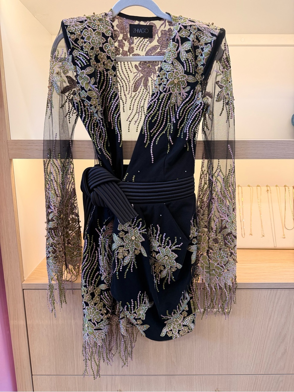 Zhivago Black Mini Dress with Olive & Gold Embellishment